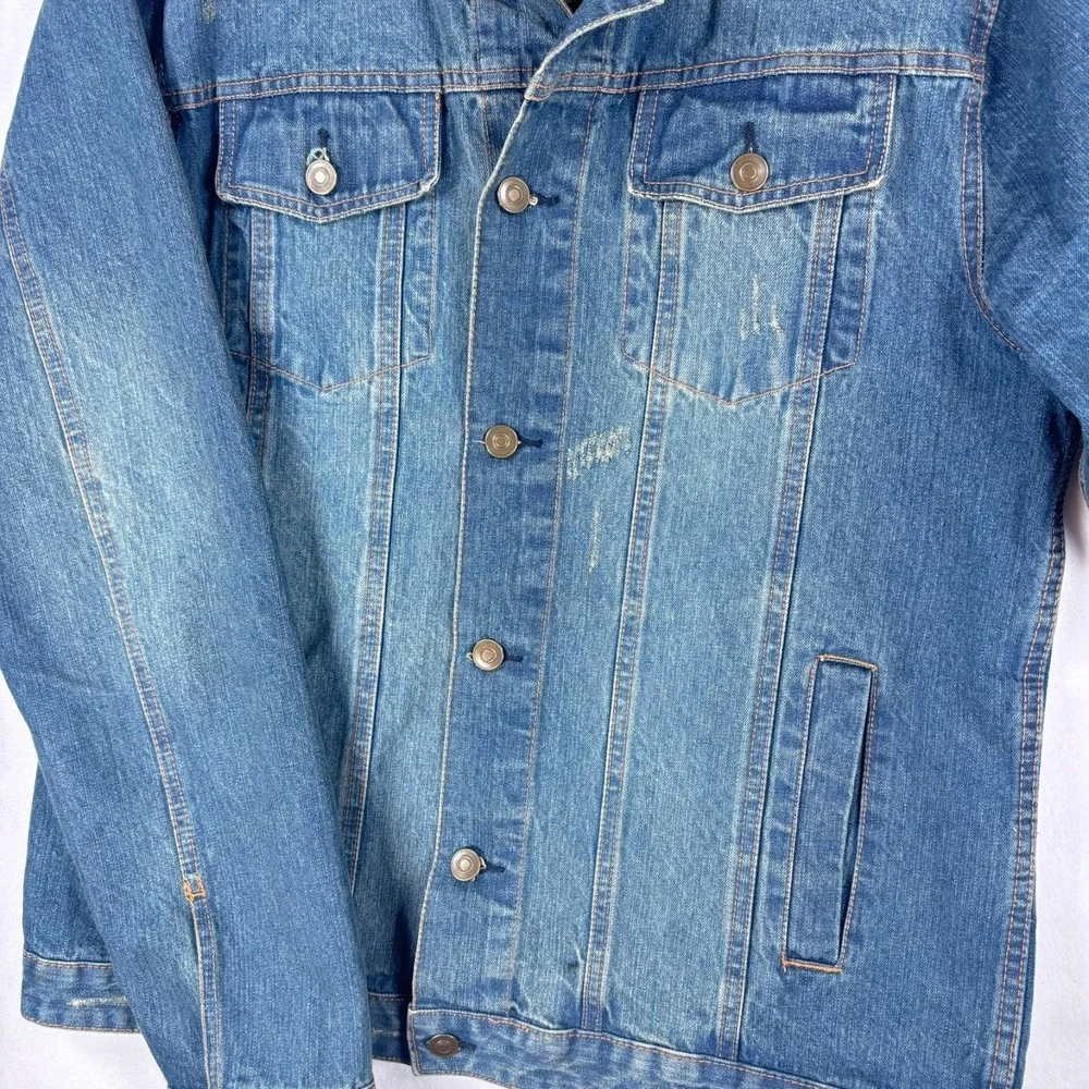 Distressed Denim Jean Jacket Mens XL Medium Wash Collar Button Front - Picture 2 of 7
